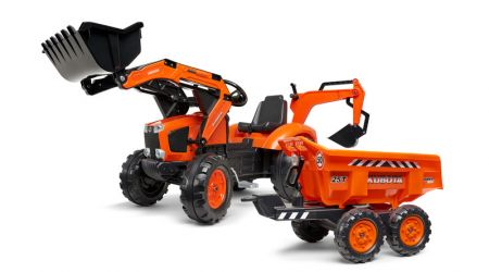 FALK - šlapací traktor 2090W Kubota s přední a zadní lžící a přívěsem