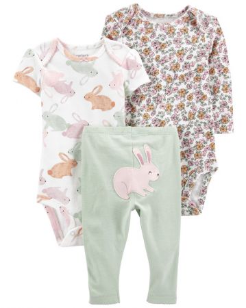 CARTERS CARTER'S Set 3dílný body kr. rukáv, body dl. rukáv, legíny Green Bunny holka LBB 12m