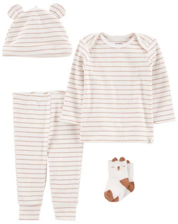 CARTERS CARTER'S Set 4dílný triko dl. rukáv, tepláky, čepice, ponožky Brown Stripes neutrál 12m