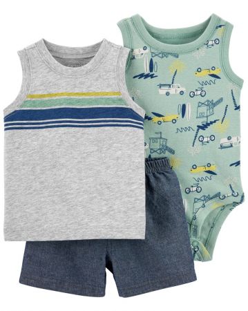 CARTERS CARTER'S Set 3dílný body bez rukávů, tílko, kraťasy Grey Cars kluk 6m