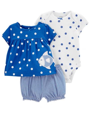 CARTERS CARTER'S Set 3dílný body kr. rukáv, triko kr. rukáv, kraťasy Blue Dot Fish holka 12m