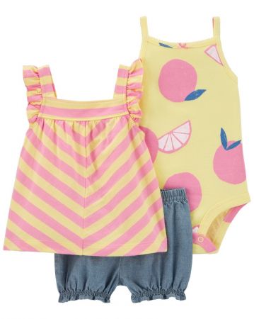 CARTERS CARTER'S Set 3dílný triko na ramínka, body na ramínka, kraťasy Pink Orange holka 12m