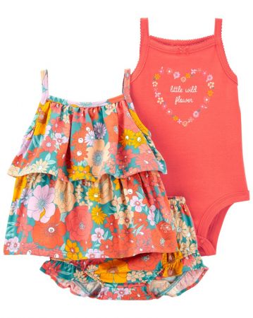 CARTERS CARTER'S Set 3dílný triko na ramínka, body na ramínka, kraťasy Orange Flowers holka 24m