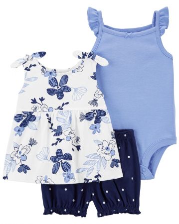 CARTERS CARTER'S Set 3dílný triko na ramínka, body na ramínka, kraťasy Blue Flowers holka NB/vel. 56