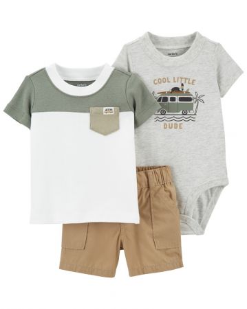 CARTERS CARTER'S Set 3dílný triko kr. rukáv, body kr. rukáv, kraťasy Brown Grey kluk 18m