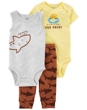 CARTERS CARTER'S Set 3dílný tepláky, body kr. rukáv, body bez rukávů Brown Shark kluk 9m