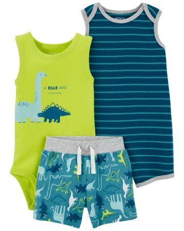 CARTERS CARTER'S Set 3dílný overal letní kr. rukáv, body bez rukávů, kraťasy Stripes Dinos kluk 9m