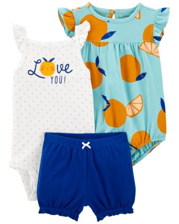 CARTERS CARTER'S Set 3dílný body na ramínka, body kr. rukáv, kraťasy Blue Orange holka 18m