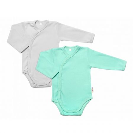 BABY NELLYS bavlněné body s dlouhým rukávem BASIC PASTEL Mátová/Šedá 2ks vel. 56