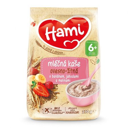 HAMI HAMI Mléčná kaše ovesno-žitná s banánem, jahodami a malinami 210 g, 6+