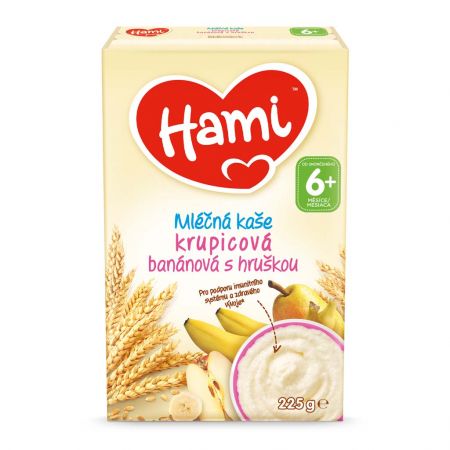 HAMI HAMI Kaše mléčná krupicová banánová a hruškou 225 g, 6m+