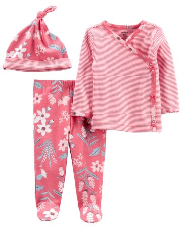 CARTERS CARTER'S Set 3dílný polodupačky, tričko dl. rukáv zavinovací, čepice Pink Flower dívka LBB 3m, vel.