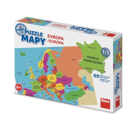 Puzzle mapy Evropa 69 dílků ve tvaru zemí 1:1 v krabici 32x23x7cm