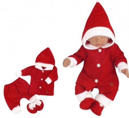 Baby Nellys Z&Z 3-dílná pletená souprava, kabátek, kalhoty a botičky Baby Santa, červená, vel. 80, 80 (9-12m)