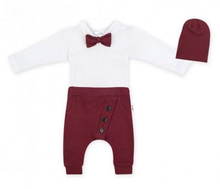 Baby Nellys 3-dílná sada Hubert, body s motýlkem, tepláčky a čepička - bordo, vel. 80, 80 (9-12m)