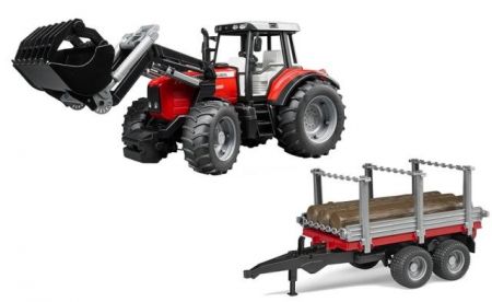 Bruder Traktor Massey Ferguson 7480 s čelním nakladačem a přepravníkem klád