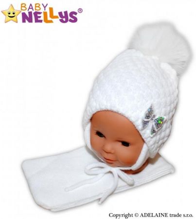 BABY NELLYS Zimní čepice/čepička Mašlička - bílá, 80-92 (12-24m)