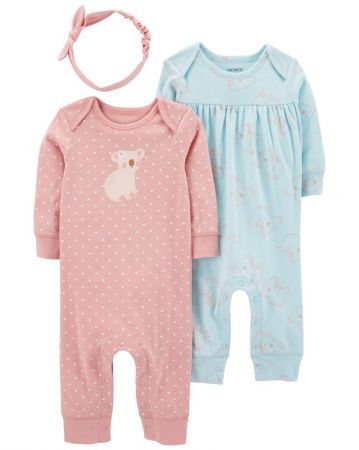 CARTERS CARTER'S Set 3dílný overal 2ks, čelenka Pink&Mint holka LBB 3m