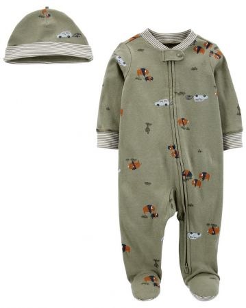 CARTERS CARTER'S Set 2dílný overal na zip, čepice Green Buffalo kluk 3m