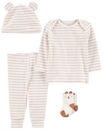 CARTERS CARTER'S Set 4dílný triko dl. rukáv, tepláky, čepice, ponožky Brown Stripes neutrál 12m