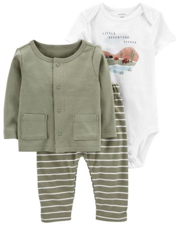 CARTERS CARTER'S Set 3dílný body kr. rukáv, cardigan, tepláky Green Stripes kluk 3m