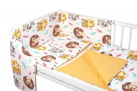 Baby Nellys 3-dílná sada Mantinel s povl. Ježek a Liška, bílá s potisk./hořčicová, 135x100, 135x100
