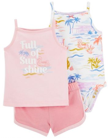 CARTERS CARTER'S Set 3dílný body na ramínka, tílko, kraťasy Pink Sunshine holka 9m