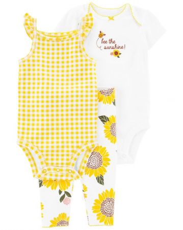 CARTERS CARTER'S Set 3dílný legíny, body kr. rukáv, body na ramínka Yellow Sunflower holka 12m