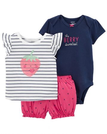 CARTERS CARTER'S Set 3dílný body kr. rukáv, triko kr. rukáv, kraťasy Strawberry Stripes holka 9m