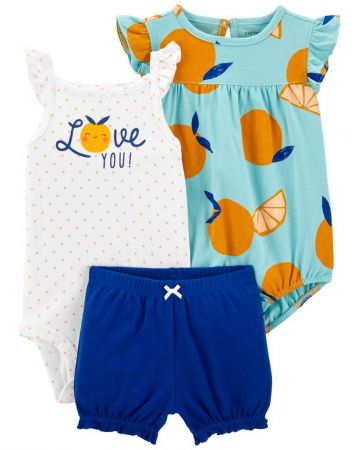 CARTERS CARTER'S Set 3dílný body na ramínka, body kr. rukáv, kraťasy Blue Orange holka 6m