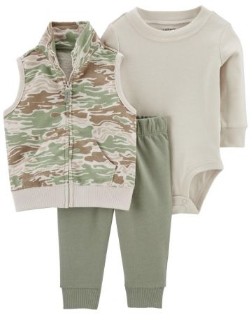 CARTERS CARTER'S Set 3dílná vesta, tepláky, body dl. rukáv Green Camo chlapec 3m