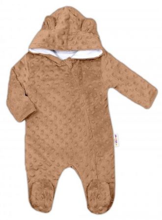 Baby Nellys Kombinézka/overálek MINKY s kapucí a oušky - karamel, hnědá, Vel. 62, 62 (2-3m)