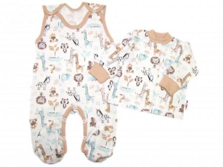 Baby Nellys 2-dílná sada, bavlněné dupačky s košilkou Safari cream, 56 (1-2m)