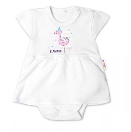 Baby Nellys Bavlněné kojenecké sukničkobody, kr. rukáv, Flamingo - bílé, 56 (1-2m)