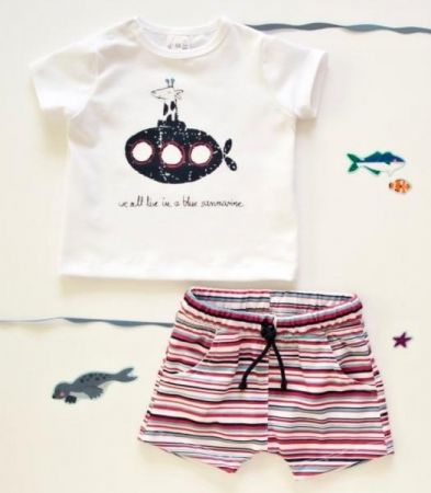 K-Baby 2 dílná dětská sada, triko s kraťasky For Boy - proužky červené, modré, vel. 86, 86 (12-18m)