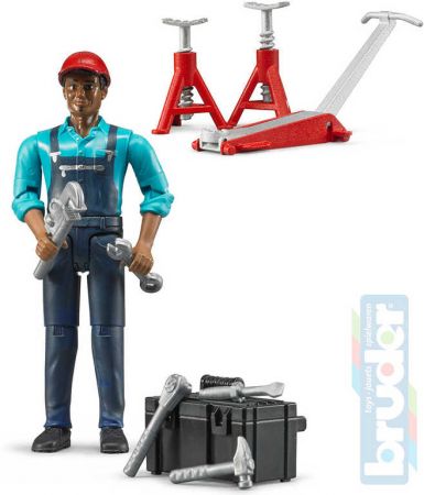 BRUDER 62100 Figurka mechanik 11cm tmavá pleť set s doplňky plast