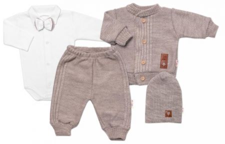 5-dílná pletená sada Baby Nellys, Boy, body, kalhoty, svetr, čepička, motýlek - béžová, 56 (1-2m)
