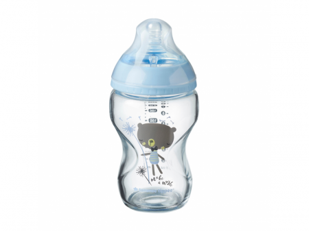 Tommee Tippee Kojenecká láhev C2N 250ml skleněná potisk Blue, 0m+