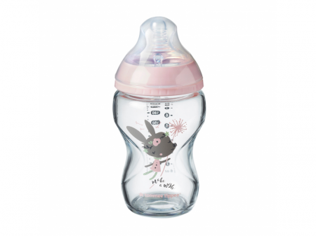 Tommee Tippee Kojenecká láhev C2N 250ml skleněná potisk Pink, 0m+