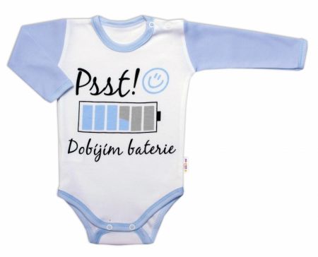 Body dlouhý rukáv s vtipným textem Baby Nellys, Psst! Dobíjím baterie, kluk Velikost: 74 (6-9m)