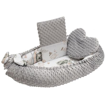 Luxusní hnízdečko s polštářkem a peřinkou New Baby z Minky Sloníci bílo-šedé