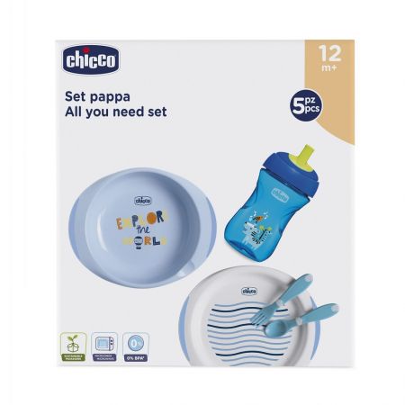 CHICCO Set jídelní - talíře, příbory, sklenka, modrý 12m+