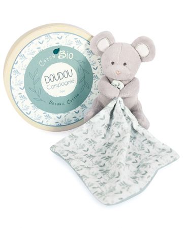 Doudou et Compagnie Paris | Doudou Plyšová myška s dečkou z BIO bavlny 15 cm zeleno-bílá DS80217876