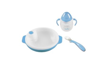 NUVITA Set termotalířku s silikonovou lžičkou a hrnečkem, Pastel blue Varianta: Pastel blue