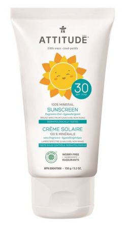 Dětský 100% minerální opalovací krém ATTITUDE (SPF 30) bez vůně 150g