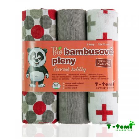 Bambusové pleny 70x70cm - červené kuličky 3ks, T-tomi