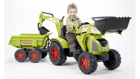 FALK - Šlapací traktor 1010W Claas Axos s nakladačem, vlečkou a rypadlem