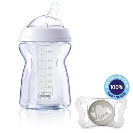 CHICCO - Láhev kojenecká sklo Natural Feeling 250 ml, neutral 0m + vzorek Šidítko Physio Micro 0-2m